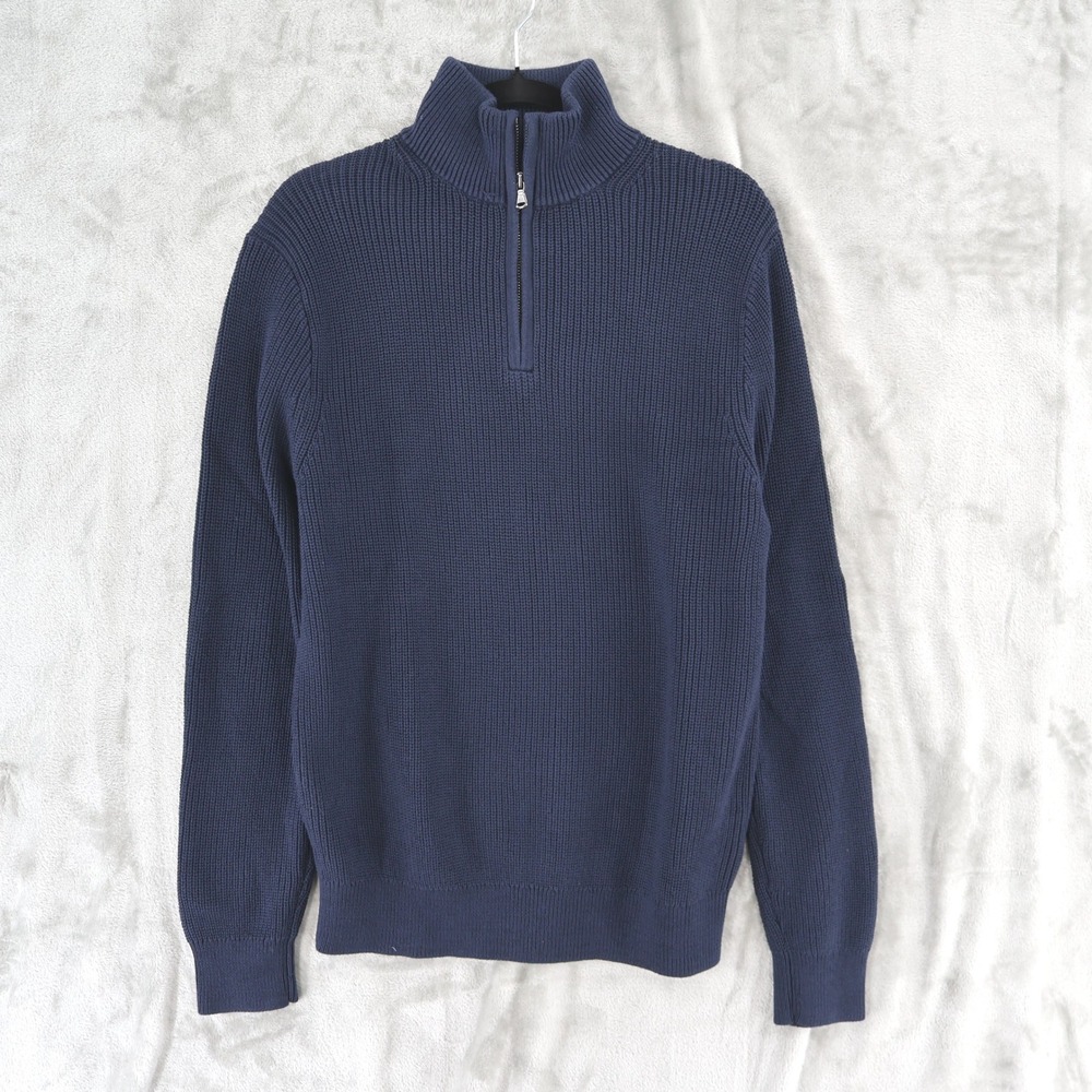 J.Crew Quarter Zip Sweater Mens Medium Blue Cotton Ribbed Mock Neck $128 NWT